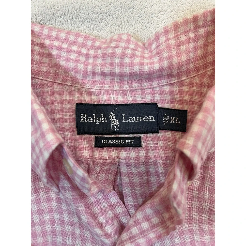 Polo Ralph Lauren Classic Fit 100% Linen Pink White Check XL‎ Green Pony Oxford